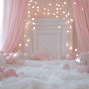 May include: A white faux fur rug with pink and white balloons and a pink and white orb. The background is a pink and white room with white curtains and string lights.