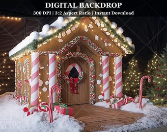 Christmas Digital Backdrop Gingerbread House Portrait Photography Background