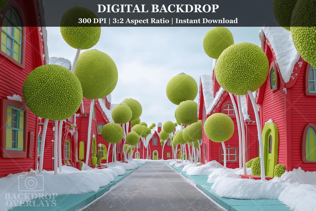 Christmas Village Digital Backdrop Red Houses Lime Topiary Trees Snowy ...