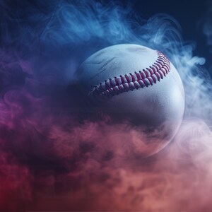 May include: A white baseball with red stitching is surrounded by blue and pink smoke.