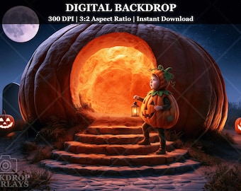 May include: A digital backdrop featuring a large carved pumpkin structure with a glowing orange interior, stone steps, and a child in a pumpkin costume holding a lantern. Text reads: DIGITAL BACKDROP 300 DPI | 3:2 Aspect Ratio | Instant Download.