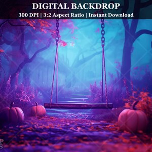 Halloween Digital Backdrop Pumpkin Forest Swing Spooky Fall Photography Background Children Portrait Composite