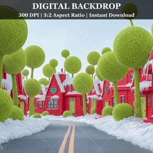 May include: A whimsical digital backdrop featuring a street lined with red houses and snow-covered roofs. Large, textured green orbs resembling trees dot the landscape. The image includes the text "DIGITAL BACKDROP" and "Instant Download".