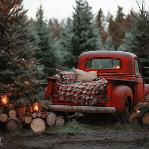 Può includere: Un camioncino vintage rosso con una coperta a quadri e cuscini nel cassone. Il camioncino è parcheggiato in un ambiente boschivo innevato con luci di Natale sugli alberi.