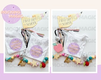 MOCK DE CAMISA ESCOLAR - Mock de regreso a la escuela - Mock del primer día de clases - Bella Canvas blanco en blanco 3001 - Mock de camisa de maestro juvenil para niños pequeños