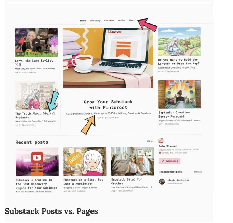 Może przedstawiać: Zrzut ekranu strony internetowej z podglądami wpis&oacute;w na blogu i logo Pinterest. Gł&oacute;wny nagł&oacute;wek brzmi "Grow Your Substack with Pinterest". Inne posty obejmują tematy takie jak "The Truth About Digital Products" i "Substack + YouTube Is the Best Discovery Engine for Your Business."