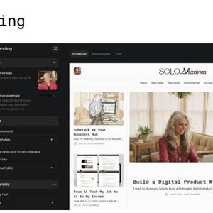 Może przedstawiać: Zrzut ekranu interfejsu brandingu strony internetowej. Interfejs pokazuje opcje logo, kolor&oacute;w i typografii. Strona internetowa wyświetla tekst "SOLO Shannon" i "Build a Digital Product With Me". Słowo "Branding" znajduje się na g&oacute;rze.