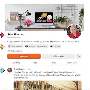Może przedstawiać: Zrzut ekranu strony profilu w mediach społecznościowych dla Solo Shannon. Profil zawiera zdjęcie profilowe kobiety, obraz banera z konfiguracją biurka i ostatnie posty. Nazwa profilu to Solo Shannon, z uchwytem @soloshannon.