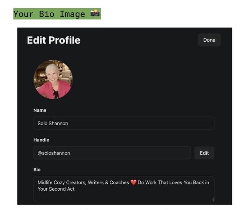 Może przedstawiać: Zrzut ekranu strony 'Edytuj profil' ze zdjęciem profilowym kobiety w r&oacute;żowej kurtce. Strona zawiera pola na imię, nazwę użytkownika i bio. W bio widnieje: 'Midlife Cozy Creators, Writers & Coaches ❤️ Do Work That Loves You Back in Your Second Act'.