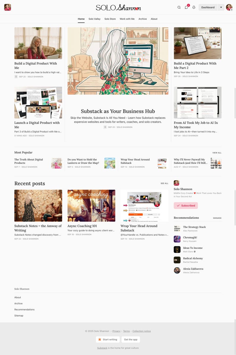 Może przedstawiać: Strona gł&oacute;wna witryny internetowej z wpisami na blogu i artykułami. Nagł&oacute;wek witryny wyświetla &bdquo;SOLO Shannon&rdquo;. Gł&oacute;wny obraz przedstawia kobietę przy biurku z komputerem. Tematem witryny są produkty cyfrowe i biznes online.