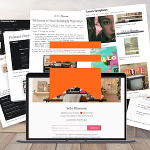 Puede incluir: Un ordenador portátil muestra un sitio web con el texto "Solo Shannon" y "Work That Loves You Back in Your Second Act". Alrededor del portátil hay varias impresiones con texto y gráficos, incluyendo "Substack Graphics Pack" y "Canva Templates".