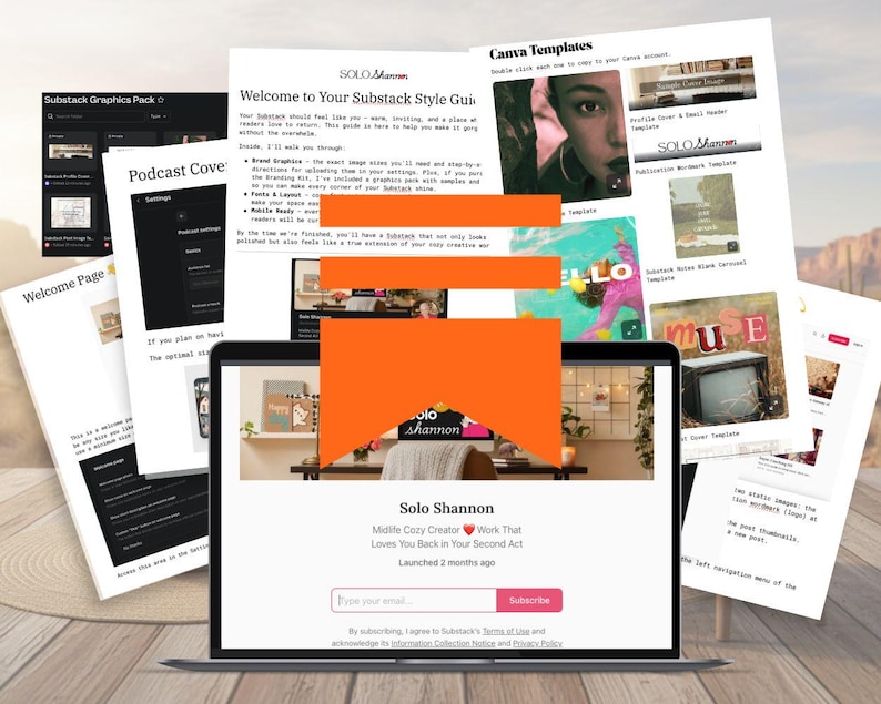 Może przedstawiać: Laptop wyświetlający stronę internetową z tekstem "Solo Shannon" i "Work That Loves You Back in Your Second Act". Wok&oacute;ł laptopa znajduje się kilka wydruk&oacute;w z tekstem i grafiką, w tym "Substack Graphics Pack" i "Canva Templates".