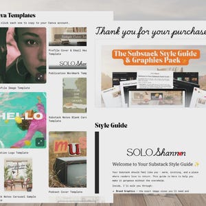 Może przedstawiać: Cyfrowy wyświetlacz produktu z szablonami Canva, w tym obraz profilowy, logo publikacji i przykłady karuzeli. Obraz zawiera r&oacute;wnież przewodnik po stylu Substack i pakiet graficzny z tekstem "Dziękujemy za zakup."