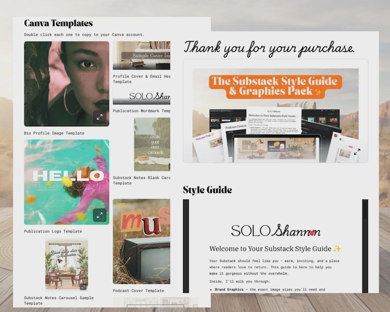 Może przedstawiać: Cyfrowy wyświetlacz produktu z szablonami Canva, w tym obraz profilowy, logo publikacji i przykłady karuzeli. Obraz zawiera r&oacute;wnież przewodnik po stylu Substack i pakiet graficzny z tekstem "Dziękujemy za zakup."