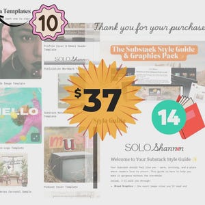 Może przedstawiać: Cyfrowa prezentacja produktu z r&oacute;żnymi szablonami Canva, w tym zdjęciami profilowymi i nagł&oacute;wkami e-mail. Obraz zawiera metkę cenową 37 $ i odznakę z napisem "10". Obecne jest r&oacute;wnież zielone koło z numerem "14". Tekst brzmi "Dziękujemy za zakup."