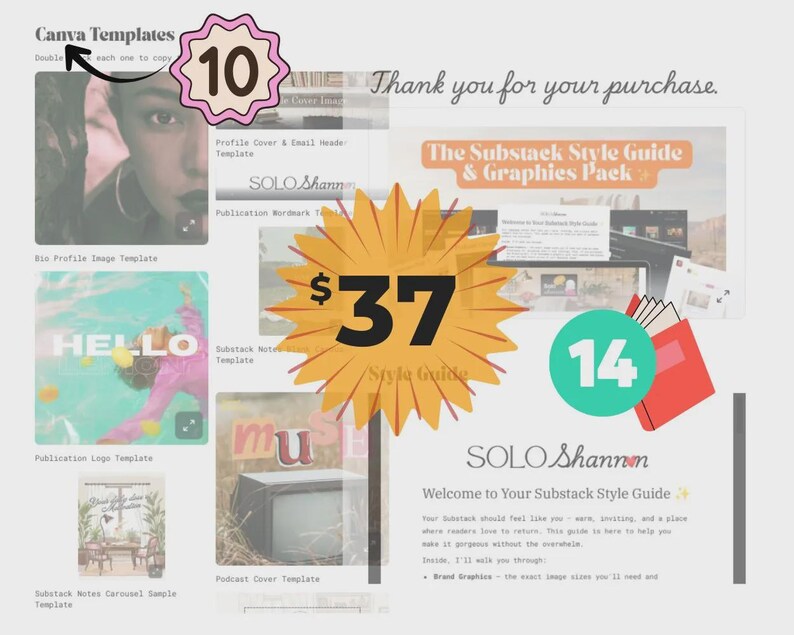Może przedstawiać: Cyfrowa prezentacja produktu z r&oacute;żnymi szablonami Canva, w tym zdjęciami profilowymi i nagł&oacute;wkami e-mail. Obraz zawiera metkę cenową 37 $ i odznakę z napisem "10". Obecne jest r&oacute;wnież zielone koło z numerem "14". Tekst brzmi "Dziękujemy za zakup."