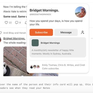 Może przedstawiać: Zrzut ekranu karty profilu w mediach społecznościowych dla "Bridget Mornings". Karta zawiera zdjęcie profilowe, nazwę "Bridget Mornings" oraz wezwanie do subskrypcji lub wysłania wiadomości. Karta zawiera r&oacute;wnież opis newslettera.