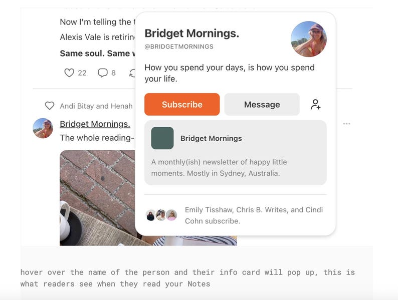 Może przedstawiać: Zrzut ekranu karty profilu w mediach społecznościowych dla "Bridget Mornings". Karta zawiera zdjęcie profilowe, nazwę "Bridget Mornings" oraz wezwanie do subskrypcji lub wysłania wiadomości. Karta zawiera r&oacute;wnież opis newslettera.