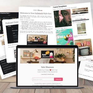 Może przedstawiać: Laptop wyświetlający stronę internetową z tekstem "Solo Shannon" i przyciskiem "Subskrybuj", otoczony wydrukami szablon&oacute;w Canva i grafik Substack. Tło przedstawia krajobraz pustynny.