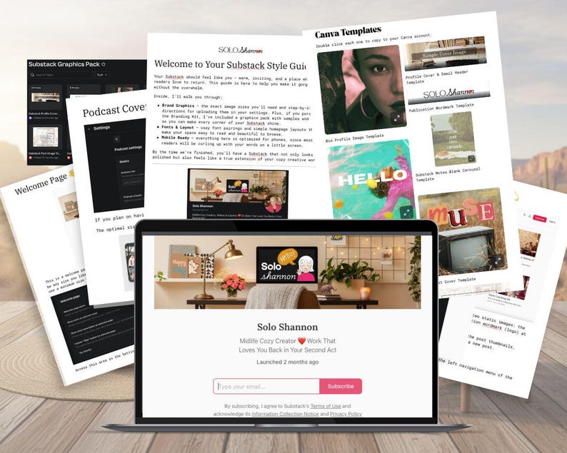 Może przedstawiać: Laptop wyświetlający stronę internetową z tekstem "Solo Shannon" i przyciskiem "Subskrybuj", otoczony wydrukami szablon&oacute;w Canva i grafik Substack. Tło przedstawia krajobraz pustynny.
