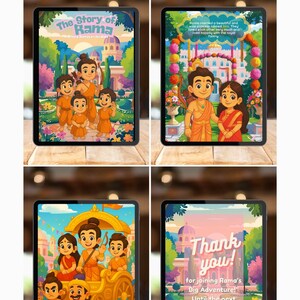 May include: A digital illustration of the Ramayan story on a tablet. The image shows four panels with colourful scenes from the epic, including characters and text. The top panel reads "RAMAYAN".