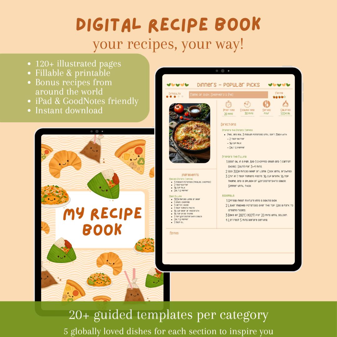 Digital Recipe Book for GoodNotes | Printable Fillable Cookbook PDF | Aesthetic Recipe Journal | iPad Cooking Planner