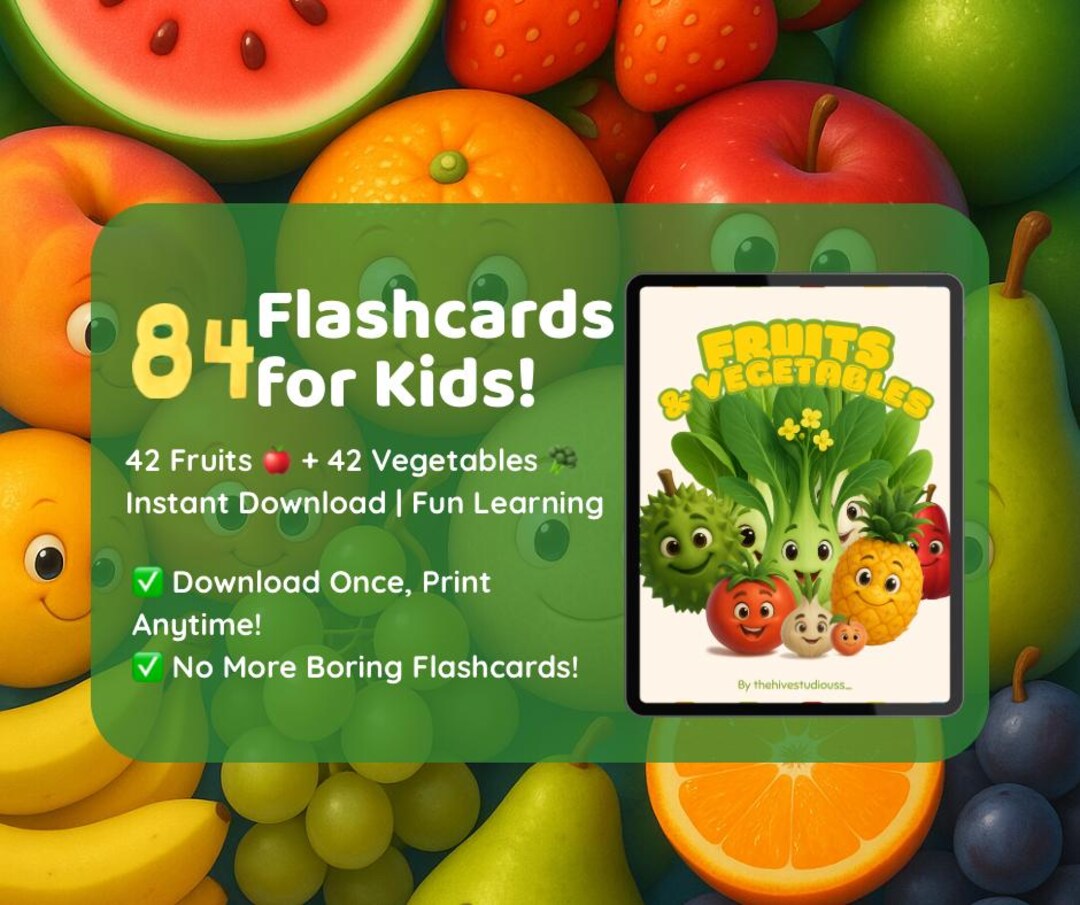 84 Printable Flashcards for Kids | 42 Fruits + 42 Vegetables | Cute ...