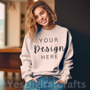 Sand Gildan 18000 Mockup | Gildan Sand Sweatshirt Mockup | Sweatshirt Model Mockup | Gildan Sand | 18000 Sand | Simple Mockup