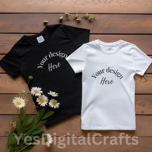 Black and White Bella Canvas 3001 Tshirt Mockup, couple shirt mock, Two shirts flat lay, Womens Tee Mock, mockup tshirt, group shirt mock