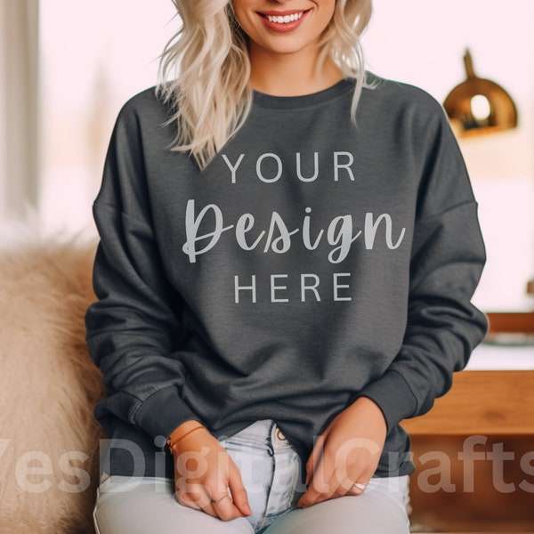 Dark Grey Heather Gildan 18000 Mockup | Gildan Grey Sweatshirt Mockup | Sweatshirt Model Mockup | Gildan Dark Grey Heather | Simple Mockup