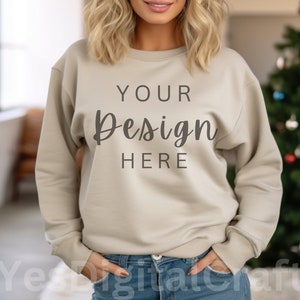 Gildan 18000 Mockup | Gildan Sand Sweatshirt Mockup | Sweatshirt Model Mockup | Gildan Sand | 18000 Sand Fall Mockup Winter Mockup