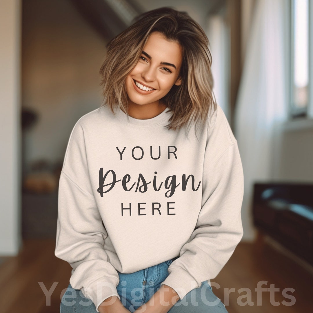 Sand Gildan 18000 Mockup Gildan Sand Sweatshirt Mockup Sweatshirt Model ...