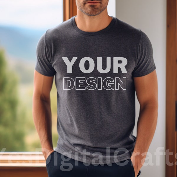 Heather Dark Grey Bella Canvas 3001 Mock, Tshirt Mockup, Styled Shirt Mockup Professional Male Tshirt Mock, Heather Dark Grey T-Shirt Mockup