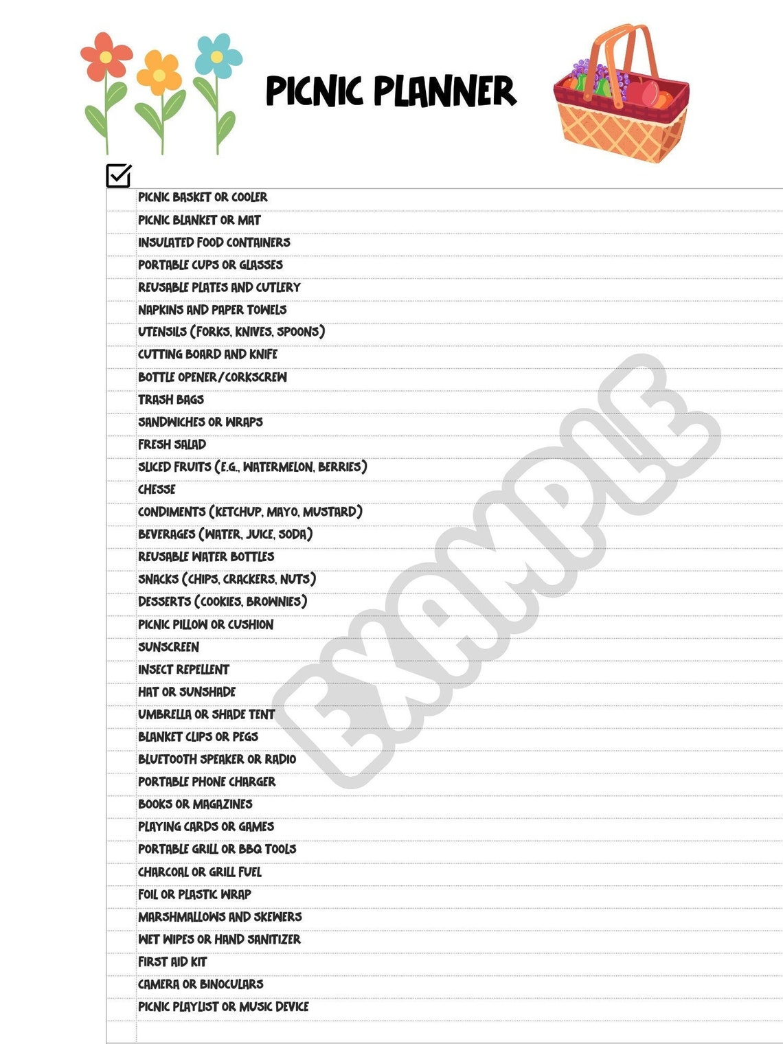 Picnic Planner Printable Instant Download Picnic Checklist Etsy