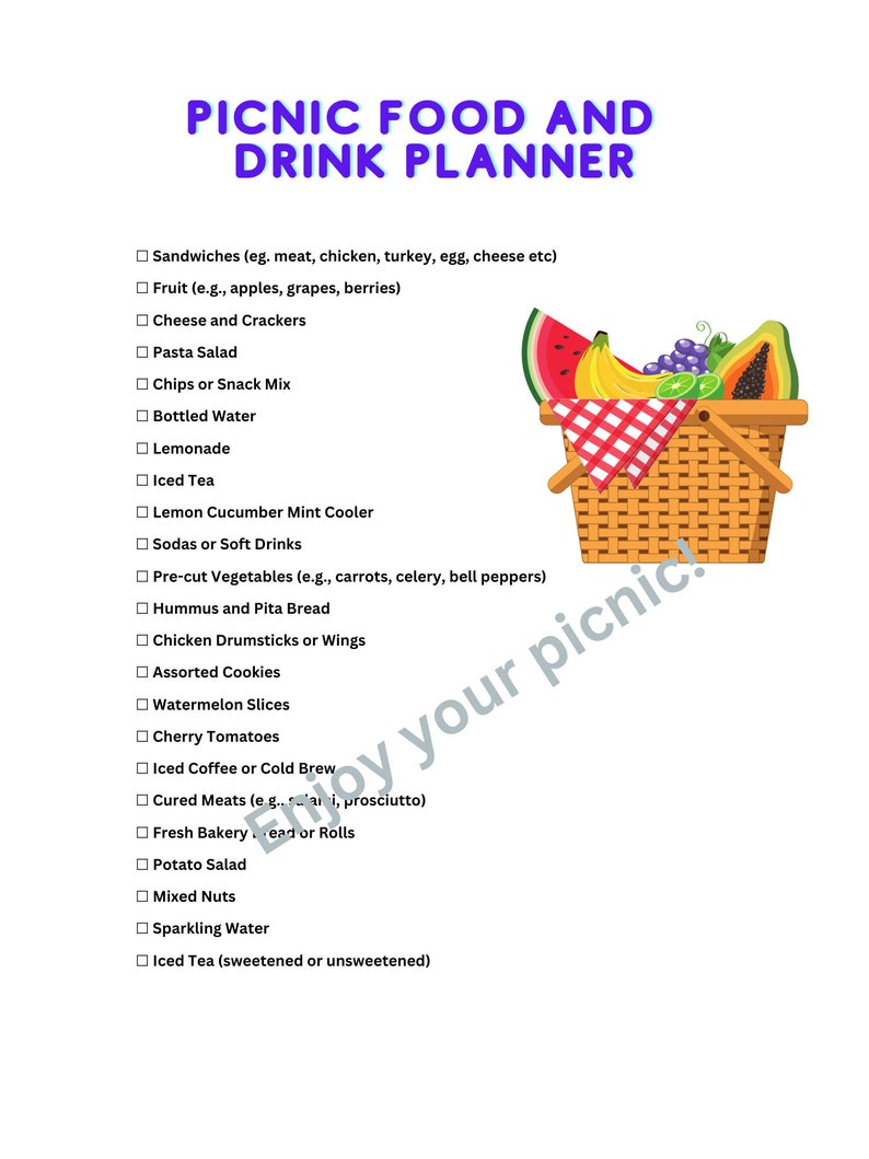 Picnic and Picnic Food Planner Printable Checklist Instant Etsy