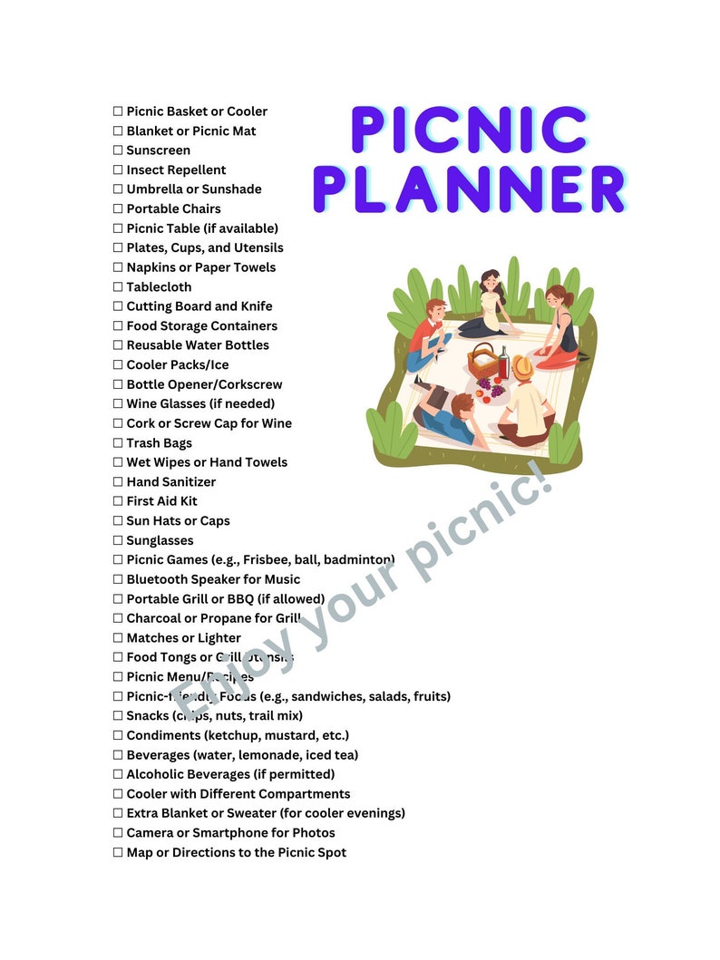 Picnic and Picnic Food Planner Printable Checklist Instant Etsy
