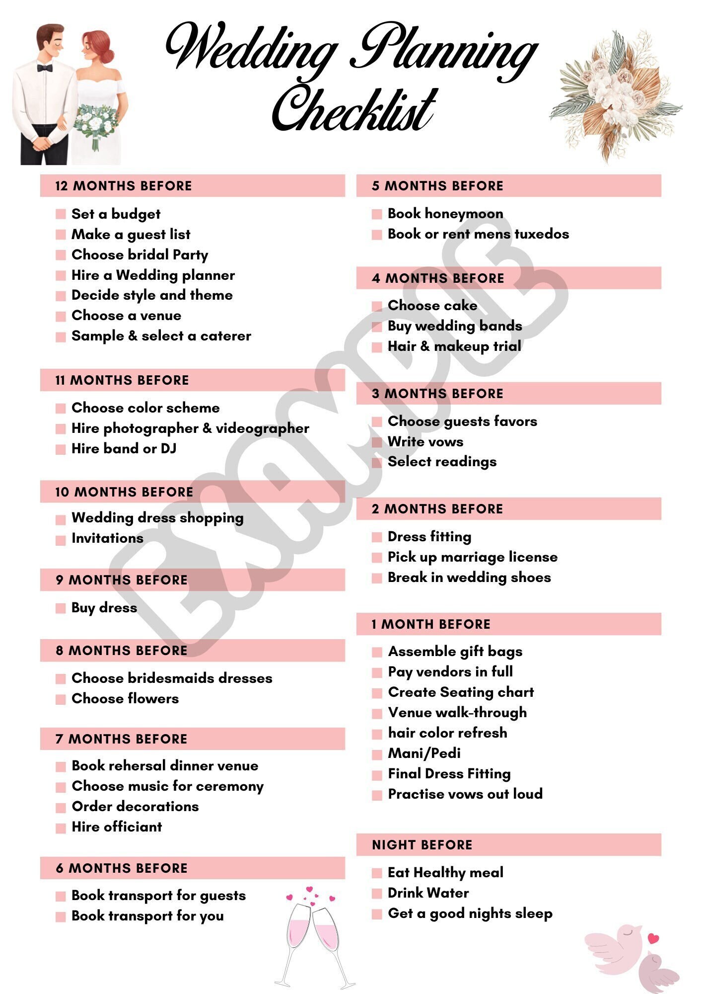Printable Wedding Planner Checklist Instant Digital Download Wedding ...