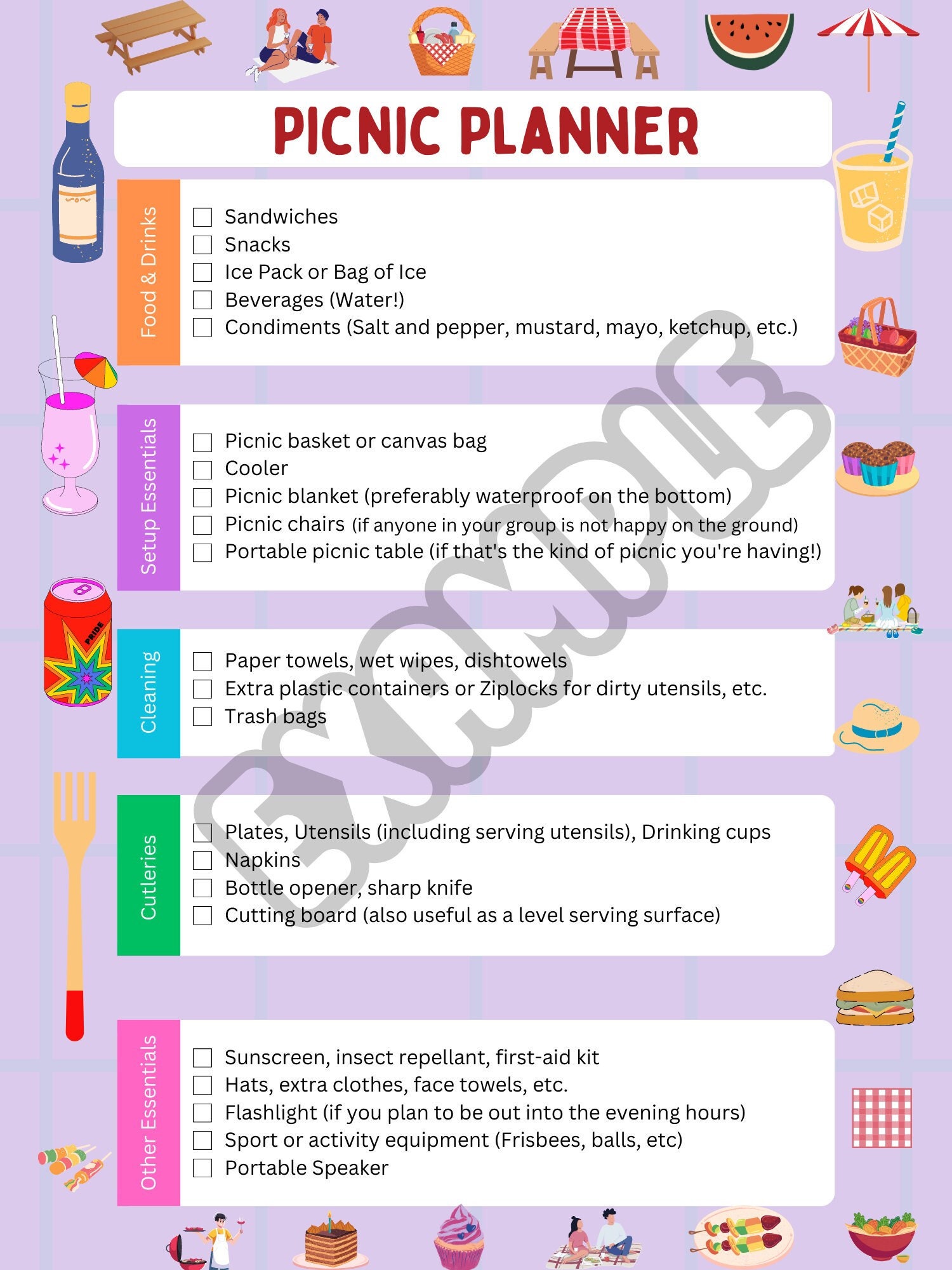 Picnic Planner Printable Instant Digital Download Picnic Etsy