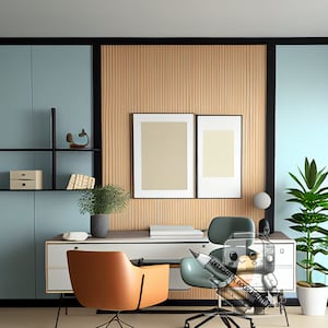 Frame mockup, 2 black frames on wall, study, home office, modern, poster mock up, illustration mockup download, PNG. JPG