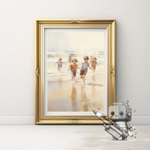 Sandy Adventures: Watercolour Painting of Children Playing in the Sea on the Beach | Wall Art