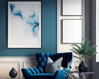 Frame mockup, black frame, luxury blue living room, blue velvet chair, modern, apartment, living room, mock up, digital download, PNG, JPG