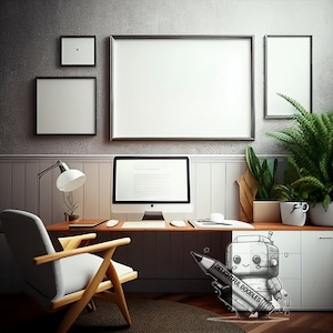 Frame mockup, black frames, multiple frames on wall, lots of frames on wall, home office, study, grey, white, mock up, download, PNG. JPG