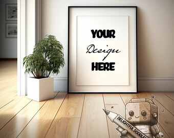 Könnte beinhalten: Ein schwarzer gerahmter Poster mit dem Text "YOUR Design HERE" hängt an einer weißen Wand. Eine kleine Topfpflanze steht auf dem Boden neben dem Poster. Ein Comic-Roboter mit einem Bleistift, auf dem "DELIGHTFUL DOODLES" steht, ist auf den Boden gezeichnet.