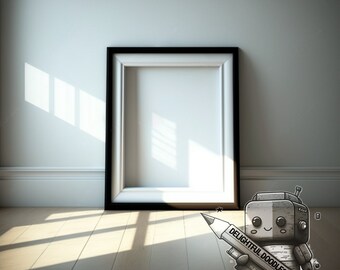 Empty Black Frame Mockup leaning against wall, wooden floor, poster mockup, print mockup, artwork mockup, modern interior - Digital - PNG