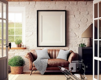 Frame mockup, black frame, living room, leather sofa, rural, cottage, frame on wall, mock up, digital download, PNG, JPG