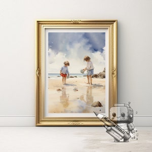 Joyful Memories: Watercolour Painting of Children Playing on the Beach | Wall Art