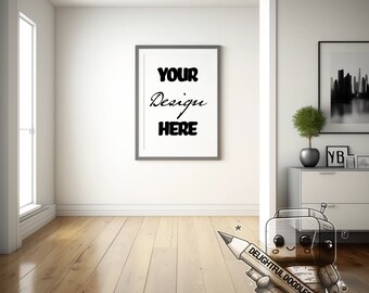 Single frame on wall, modern apartment, contemporary, wooden floor, frame mockup, mock-up, empty frame mock-up, poster mockup, print mockup