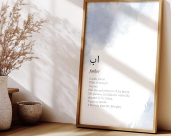 May include: A framed print with a light blue watercolor design and the Arabic word "اب" with the English word "father" below it. The text describes the role of a father. The frame is a light brown color.