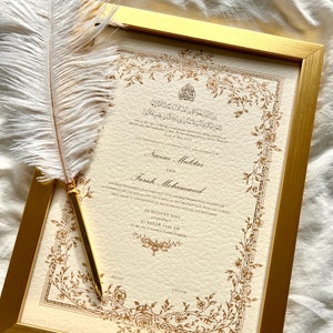 Florales Nikkah-Zertifikat (Mahek Gold), Gold A4, Islamischer Hochzeitsvertrag, Nikkah Nama, Muslimische Heiratsurkunde, Personalisierte Namen