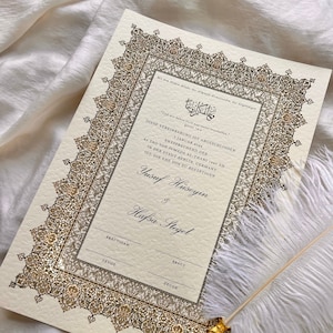 Certificado Nikkah alemán de lujo A4, contrato de boda islámico premium, Nikkah Nama, certificado de matrimonio musulmán, nombres personalizados, oro